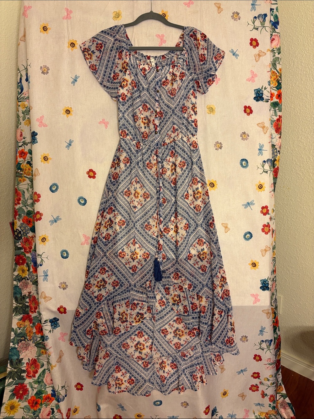 Maurices Blue and White Boho Diamond-Print Maxi Dress